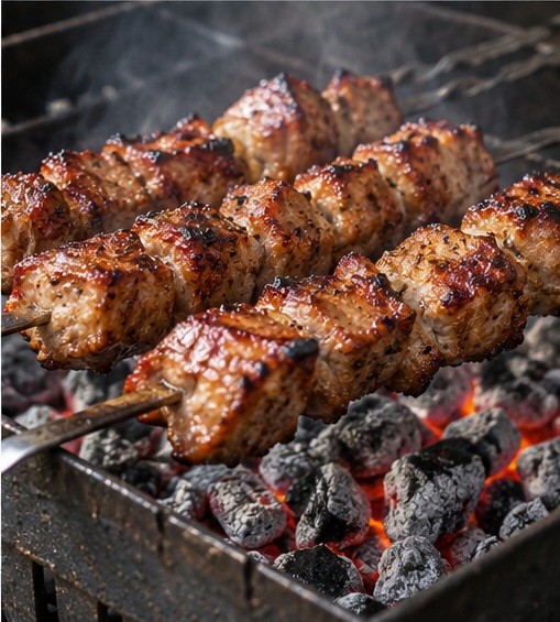 Grill above steady embers, check the center and rest on a clean plate.