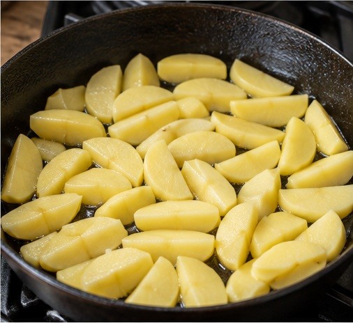 Spread potatoes in a wide hot skillet.