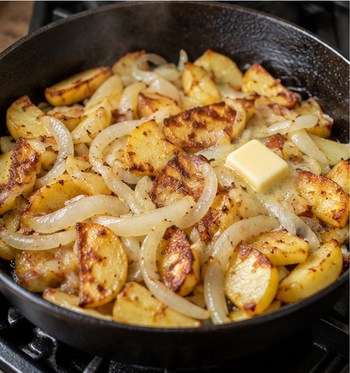 Brown with occasional turning, then add onion and butter.