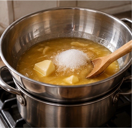 Warm honey, sugar and butter, then cool before adding eggs.