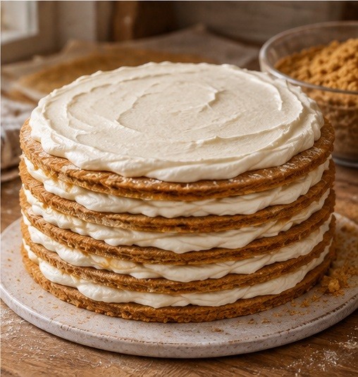 Stack filled layers, cover in baked crumbs and chill overnight.