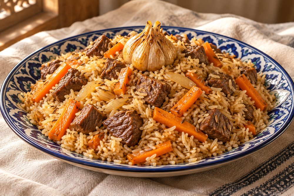 Serving suggestion for Uzbek Beef Plov with Carrots and Garlic