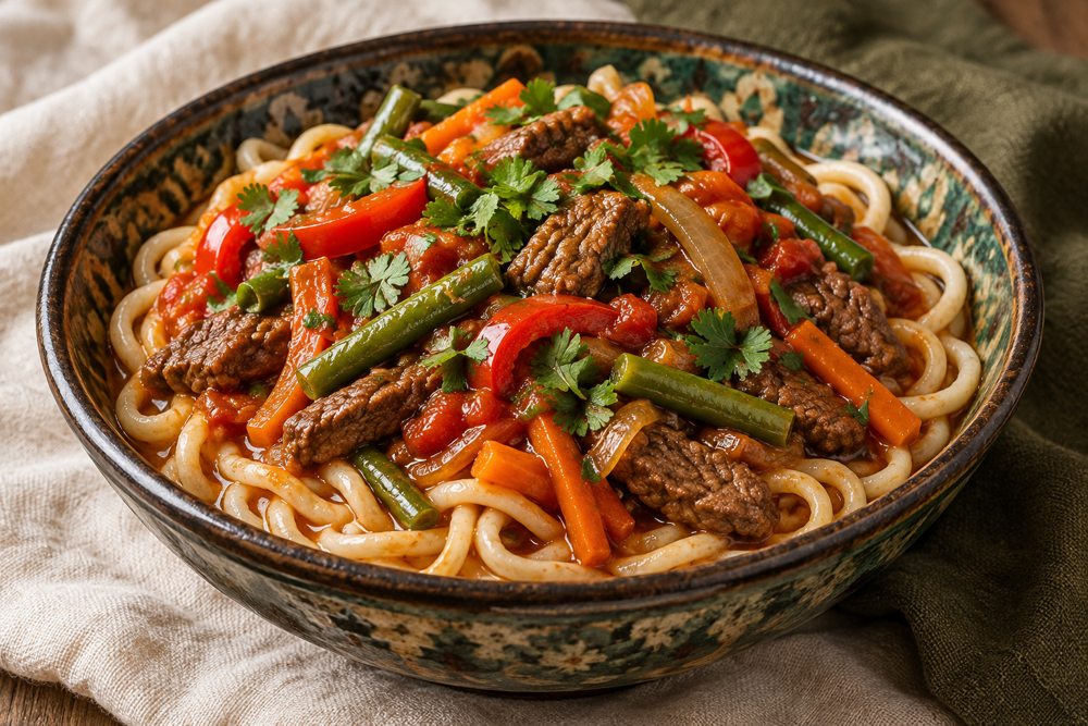 Serving suggestion for Uzbek Beef Lagman with Noodles