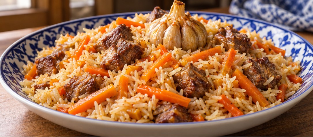 Serving suggestion for Uzbek Lamb Plov (Rice Pilaf with Carrots and Garlic)