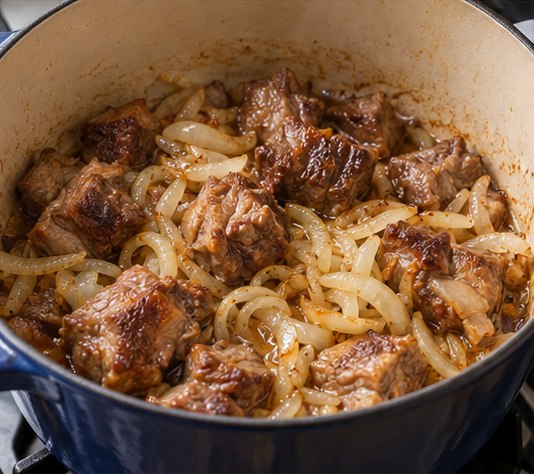 Brown lamb and onions in a heavy pot