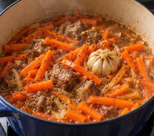 Add carrot batons and simmer the zirvak