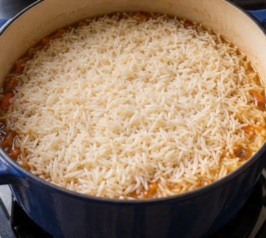 Spread drained rice as an unmixed top layer