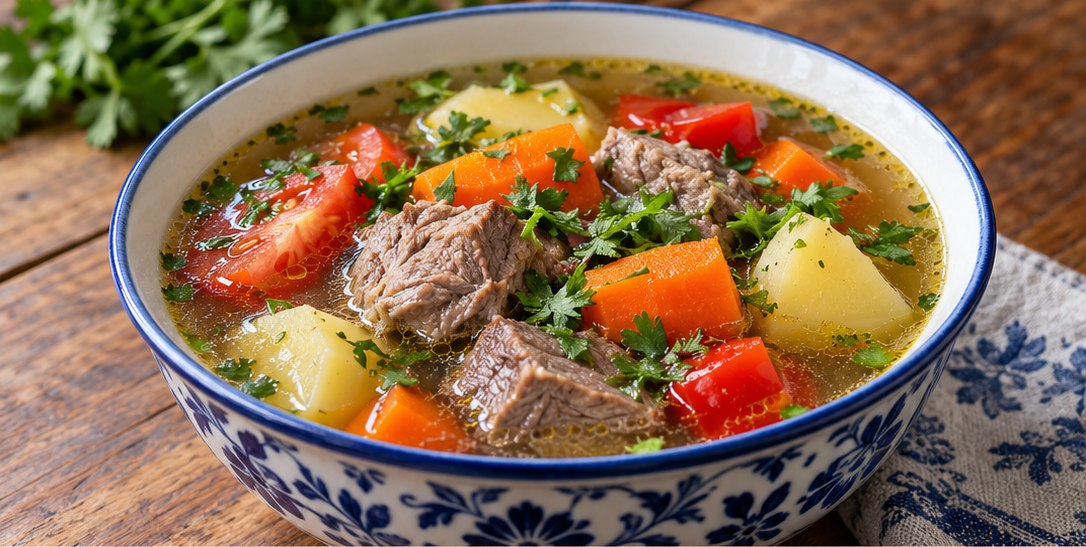 Sugerencia de presentación: Uzbeko Qaynatma Shurpa (sopa de cordero y verduras)
