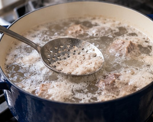 Quitar la espuma de cordero en una olla con agua
