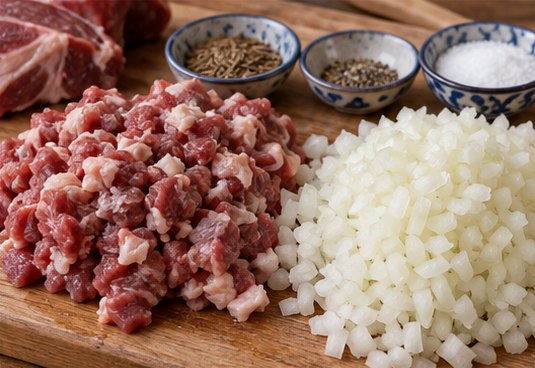 Hand-chop lamb and finely dice onion