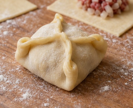 Pinch a square wrapper into a closed manti parcel