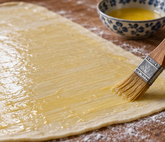 Brush a thin rectangular dough sheet with butter
