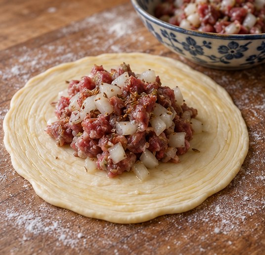 Flatten a cut spiral and add lamb onion filling
