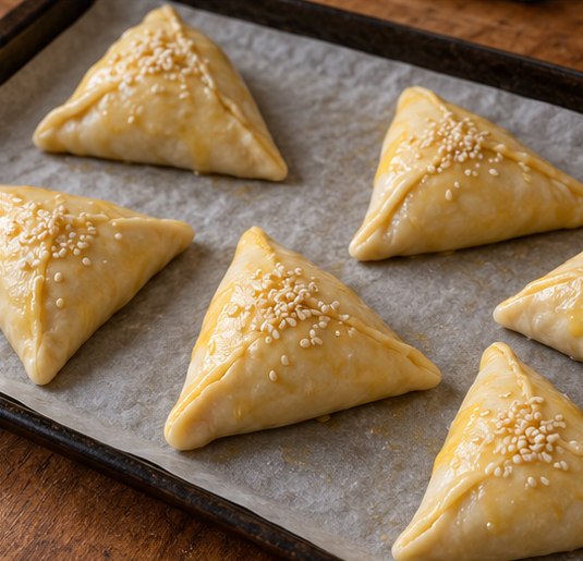 Seal triangular samsa and arrange seam-side down