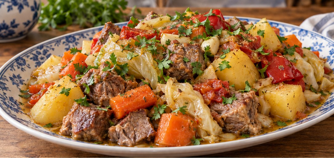 Serving suggestion for Uzbek Lamb Dimlama (Layered Meat and Vegetable Stew)