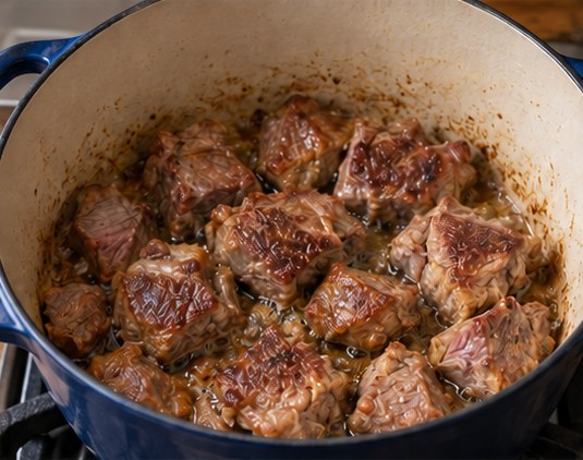 Brown lamb cubes in a heavy pot