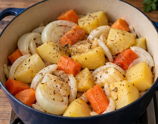 Layer onions carrots and potatoes over meat