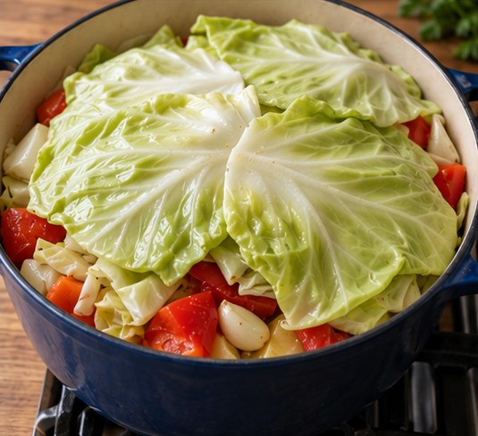 Add tomatoes peppers garlic and cabbage leaves