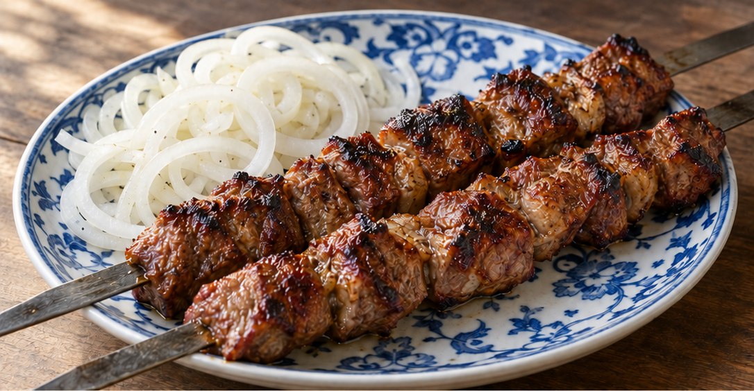 Serving suggestion for Uzbek Lamb Shashlik (Grilled Skewers)