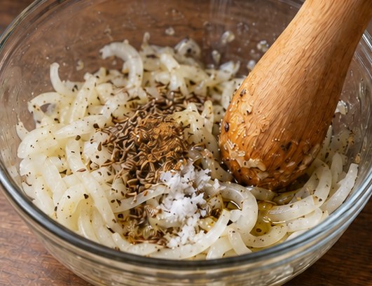 Crush sliced onion with cumin and seasoning
