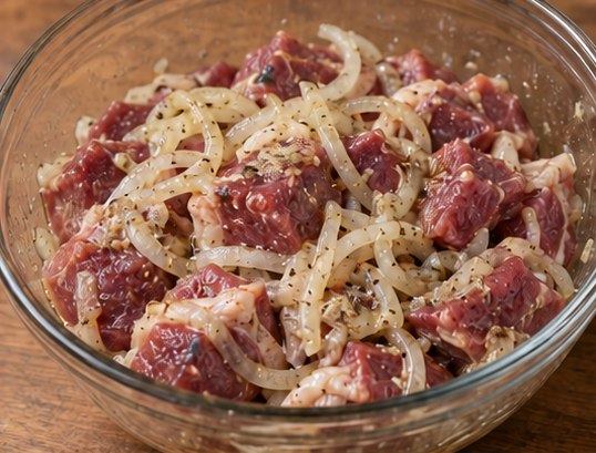 Mix raw lamb cubes with the onion marinade