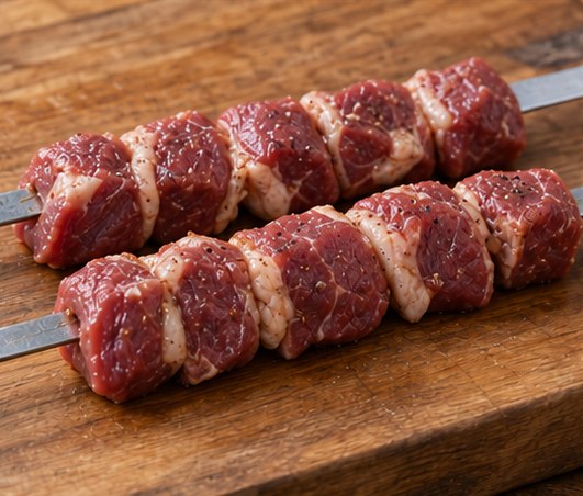 Thread evenly sized lamb pieces on flat metal skewers