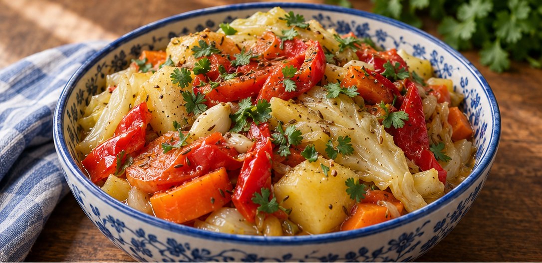 Serving suggestion for Uzbek Vegetable Dimlama (Layered Vegetable Stew)