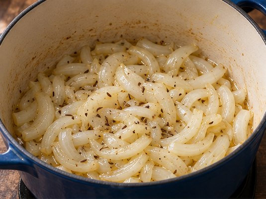 Soften thick onion half-moons
