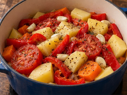 Layer roots, tomato, peppers and garlic