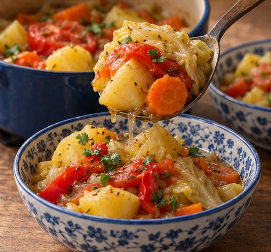 Lift cooked vegetable layers into serving bowls
