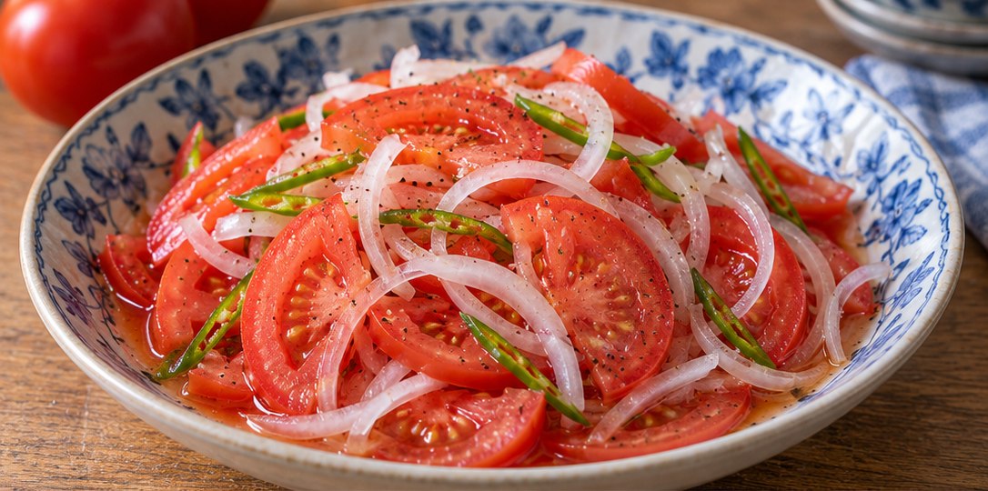Serving suggestion for Uzbek Achichuk (Tomato and Onion Salad)