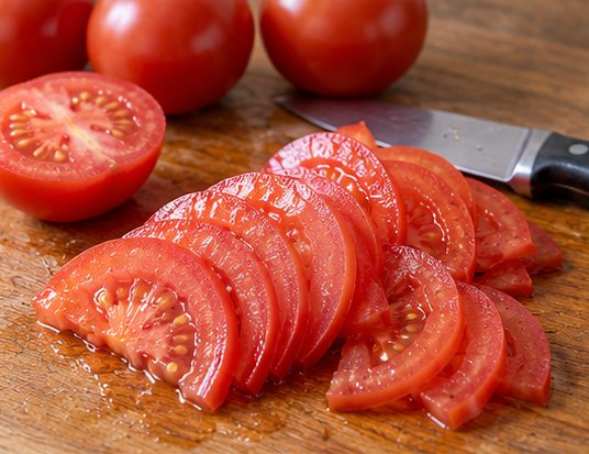 Slice ripe tomatoes into thin half-moons