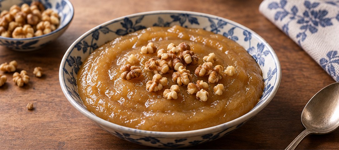 Serving suggestion for Uzbek Holvaytar (Warm Flour Halva with Walnuts)