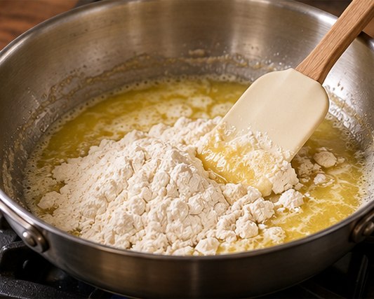 Stir flour into melted butter in a wide pan