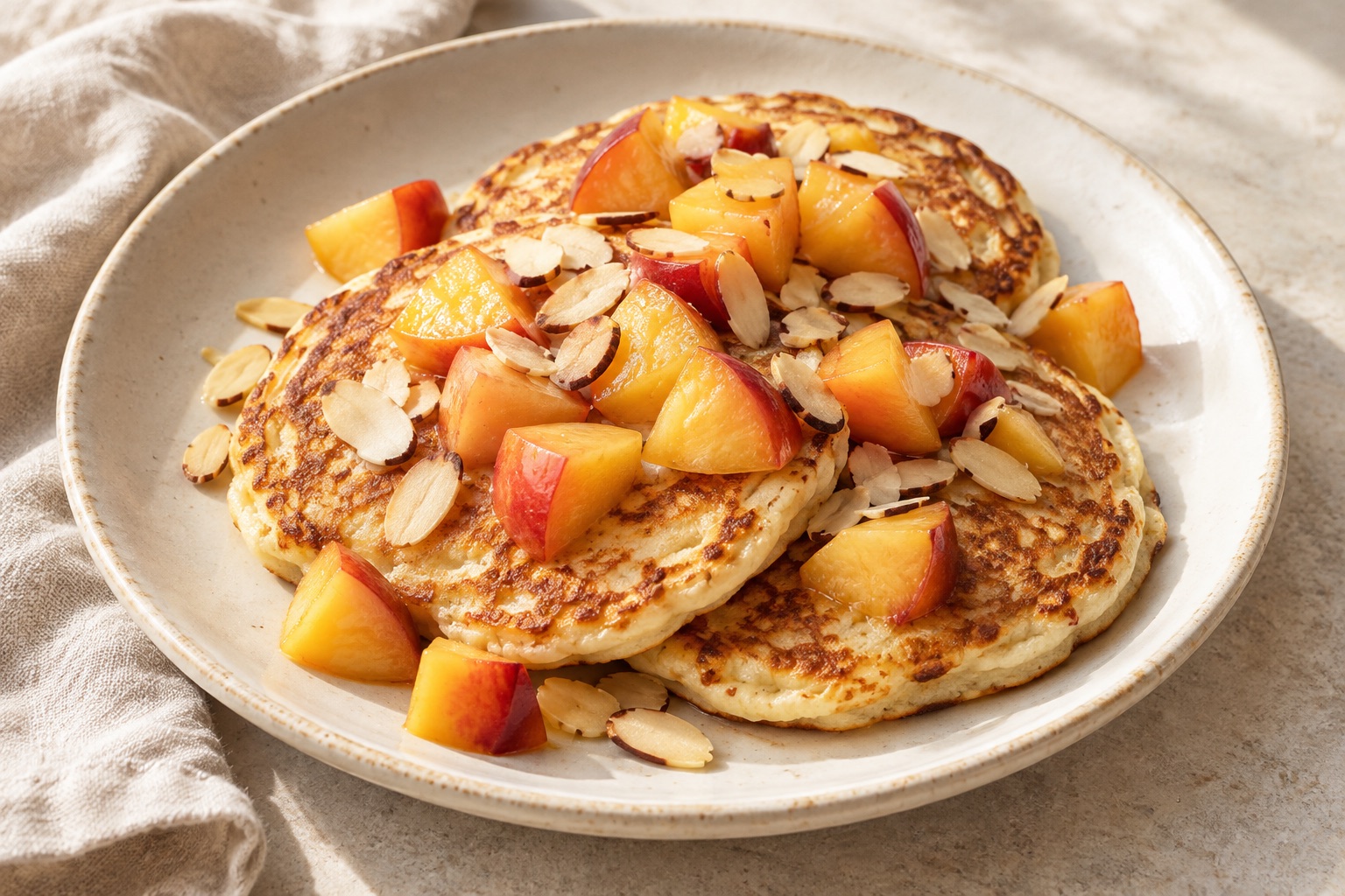 Serving suggestion for Peach Almond Cottage Cheese Pancakes