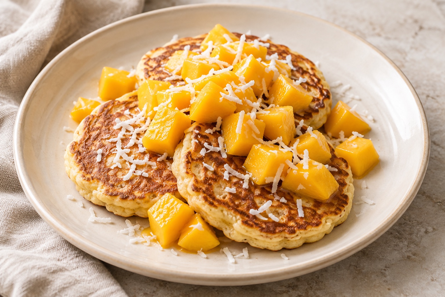 Serving suggestion for Mango Coconut Cottage Cheese Pancakes