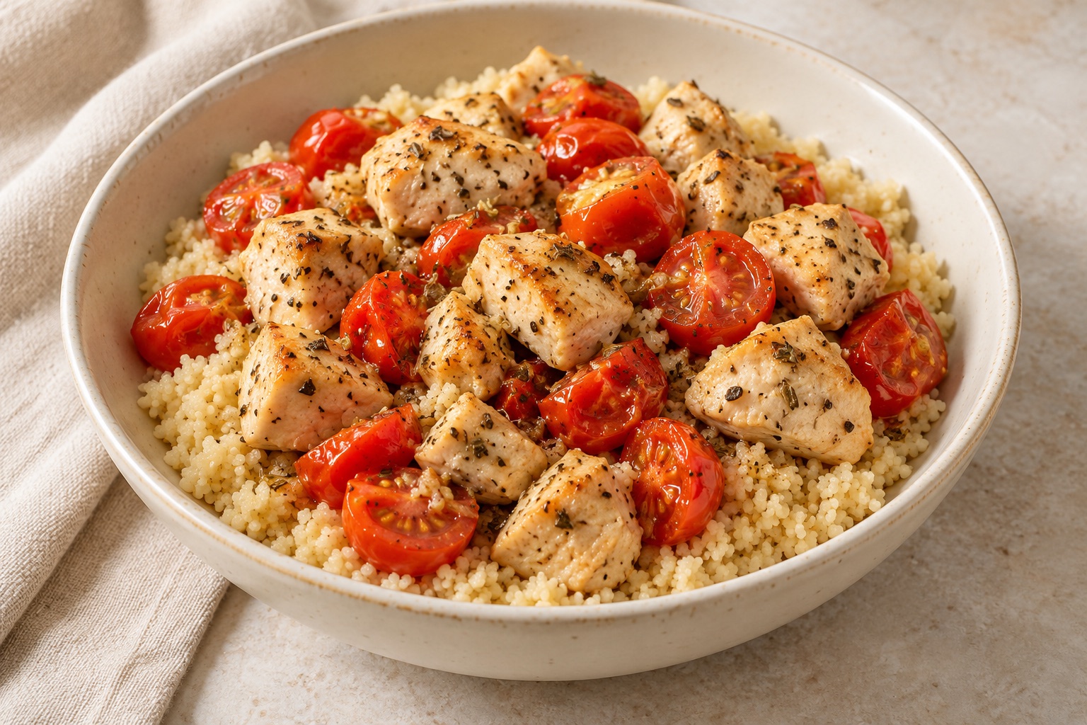 Serving suggestion for Lemon Oregano Chicken Couscous Bowls