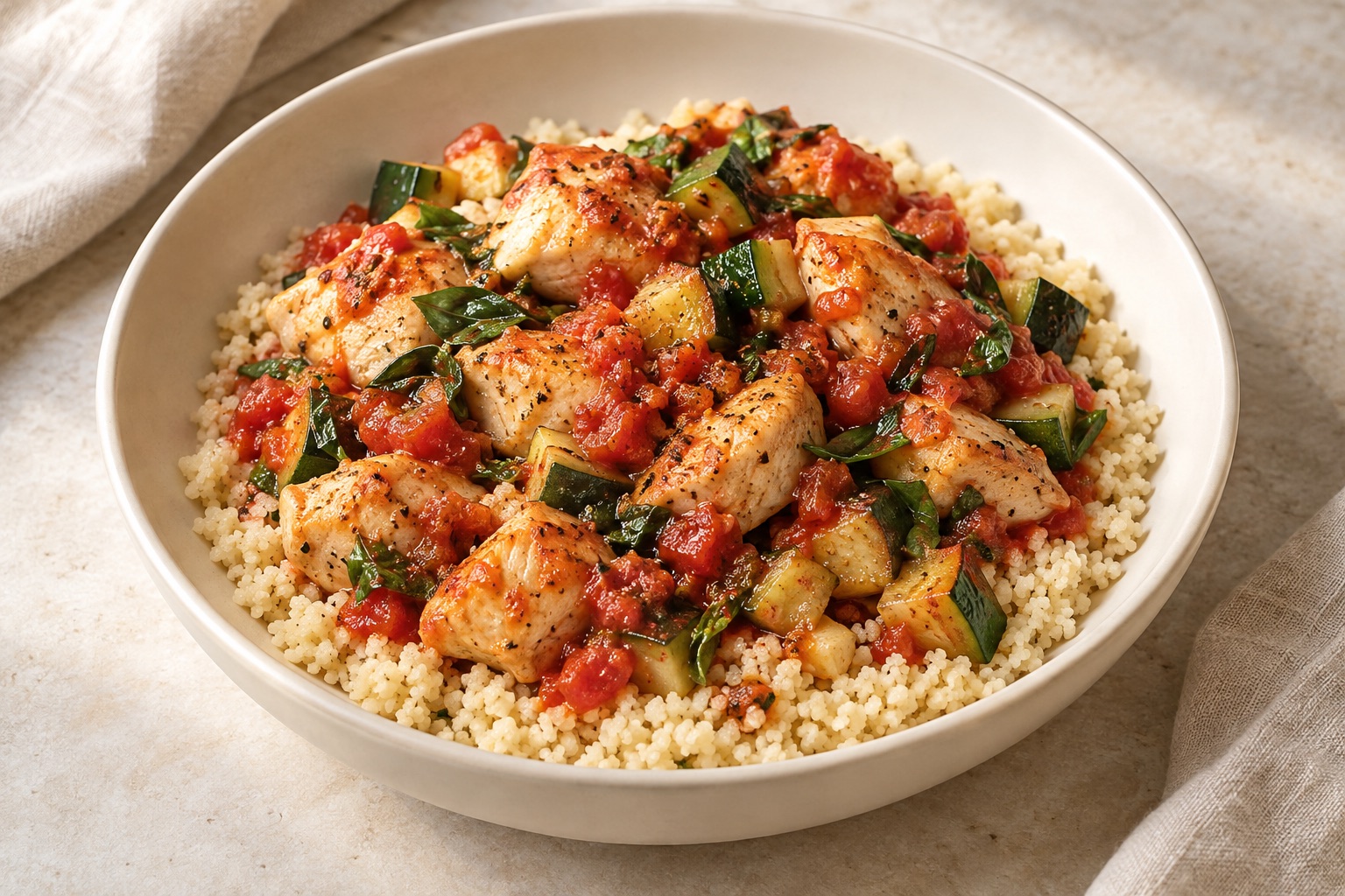 Serving suggestion for Tomato Basil Chicken Couscous Bowls
