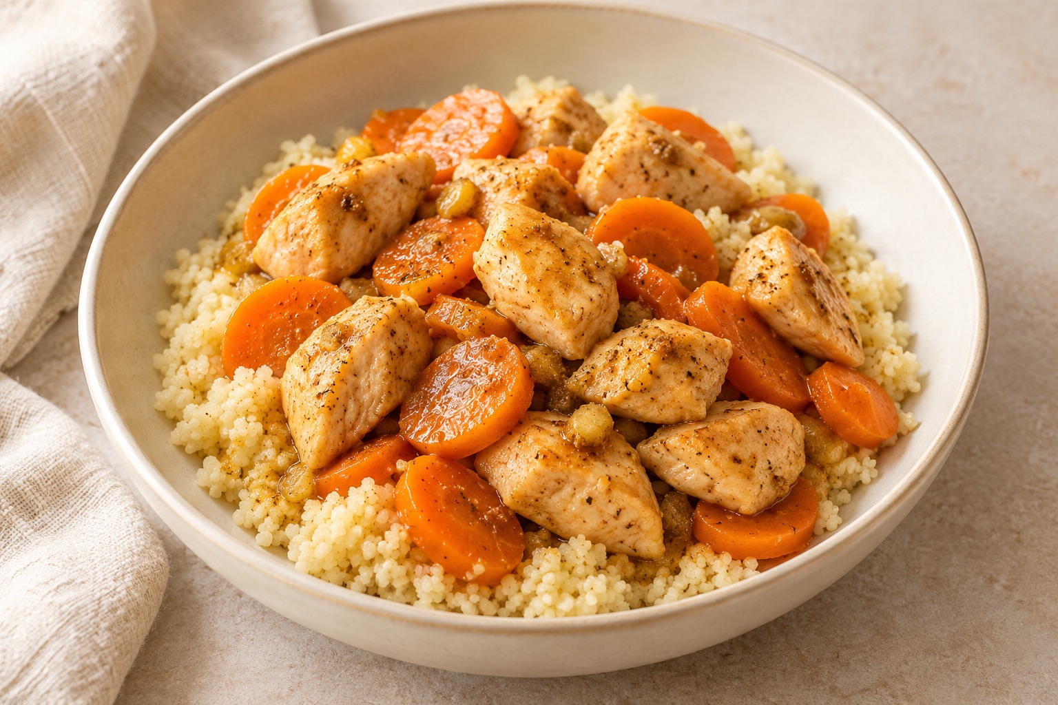 Serving suggestion for Cumin Carrot Chicken Couscous Bowls