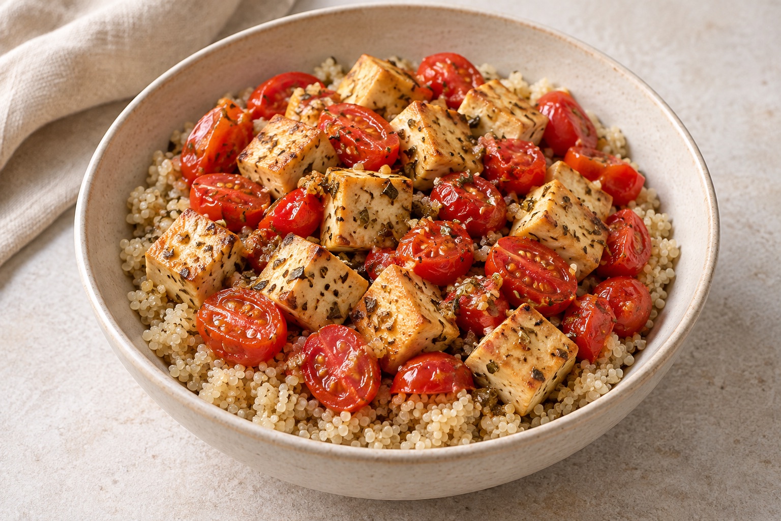 Serving suggestion for Lemon Oregano Tofu Quinoa Bowls