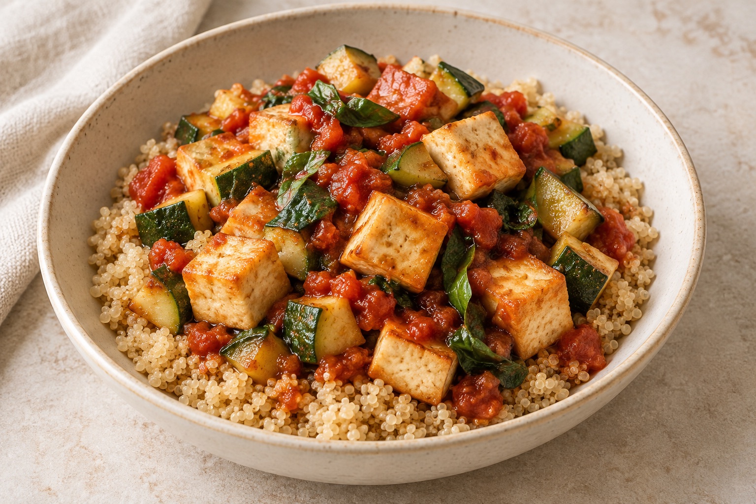 Serving suggestion for Tomato Basil Tofu Quinoa Bowls