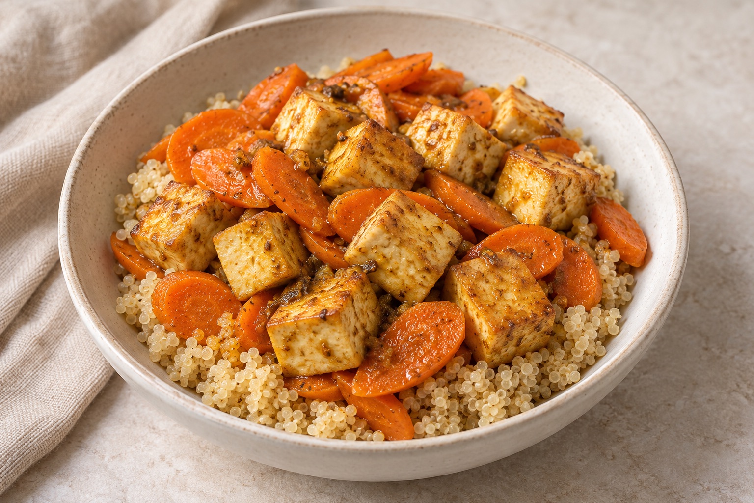 Serving suggestion for Cumin Carrot Tofu Quinoa Bowls