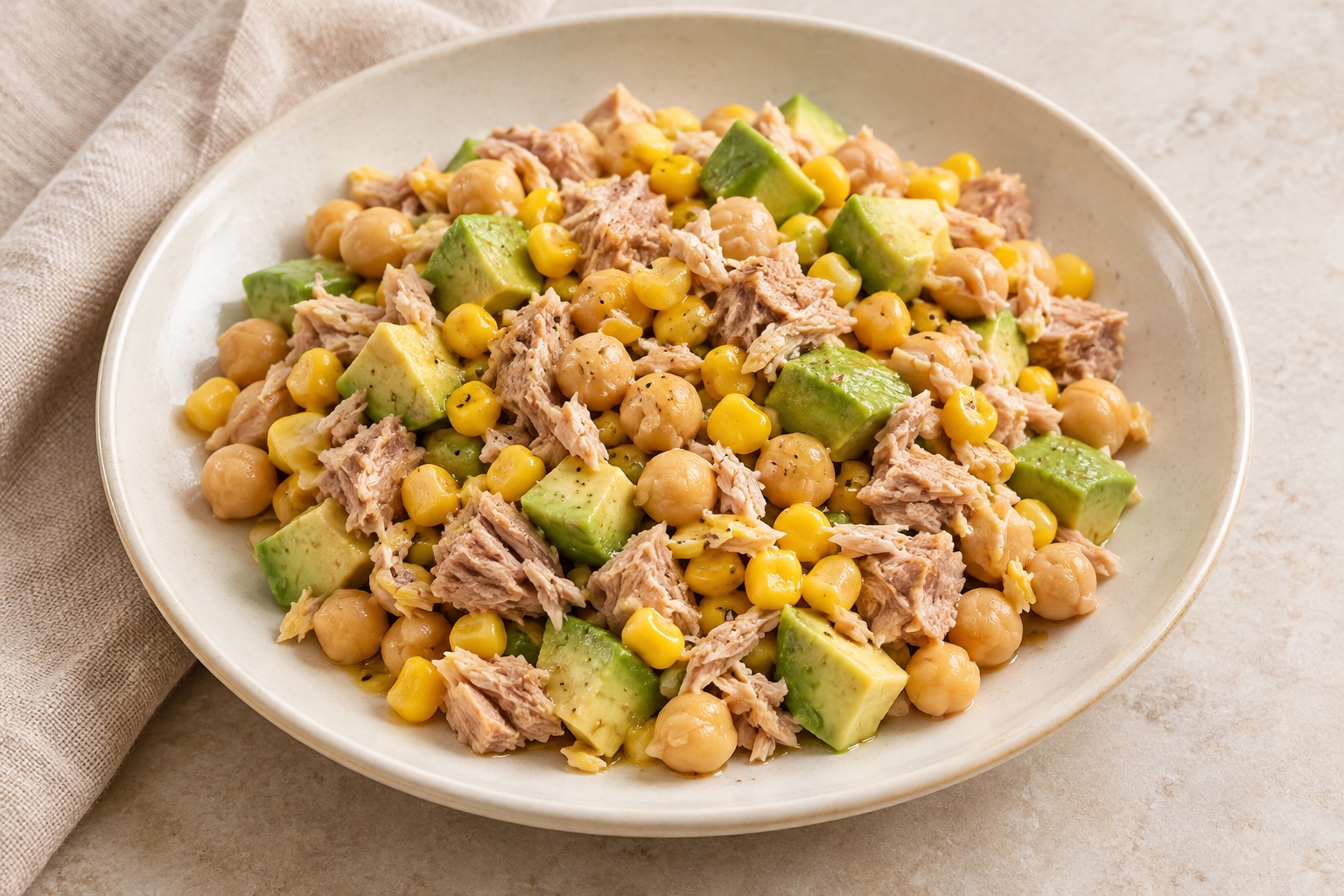 Serving suggestion for Corn Avocado Tuna Chickpea Salad