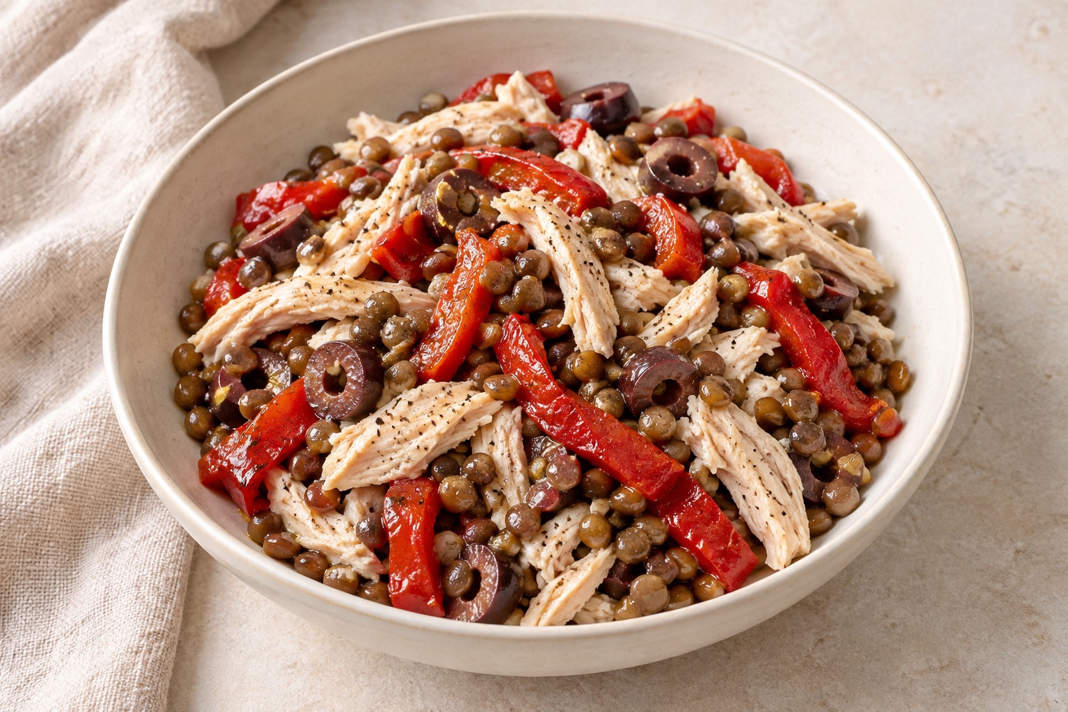 Serving suggestion for Roasted Pepper Olive Chicken Lentil Salad