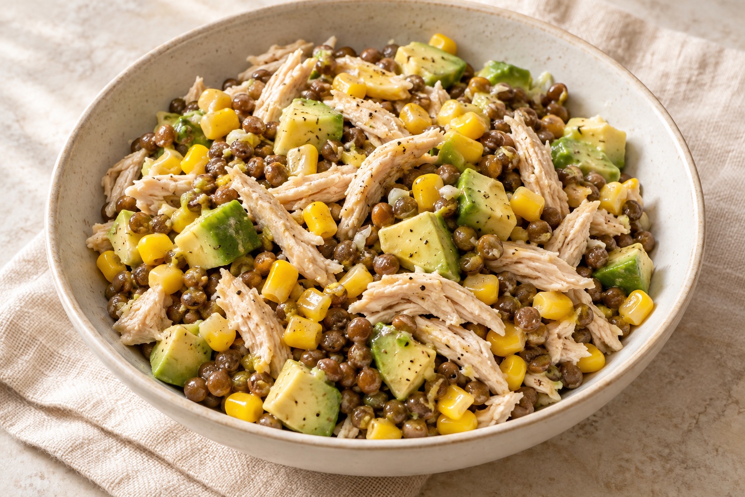 Serving suggestion for Corn Avocado Chicken Lentil Salad