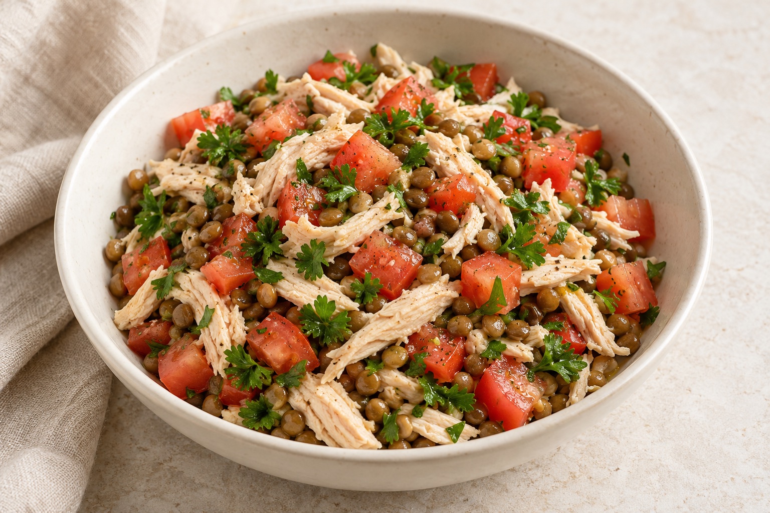 Serving suggestion for Tomato Parsley Chicken Lentil Salad