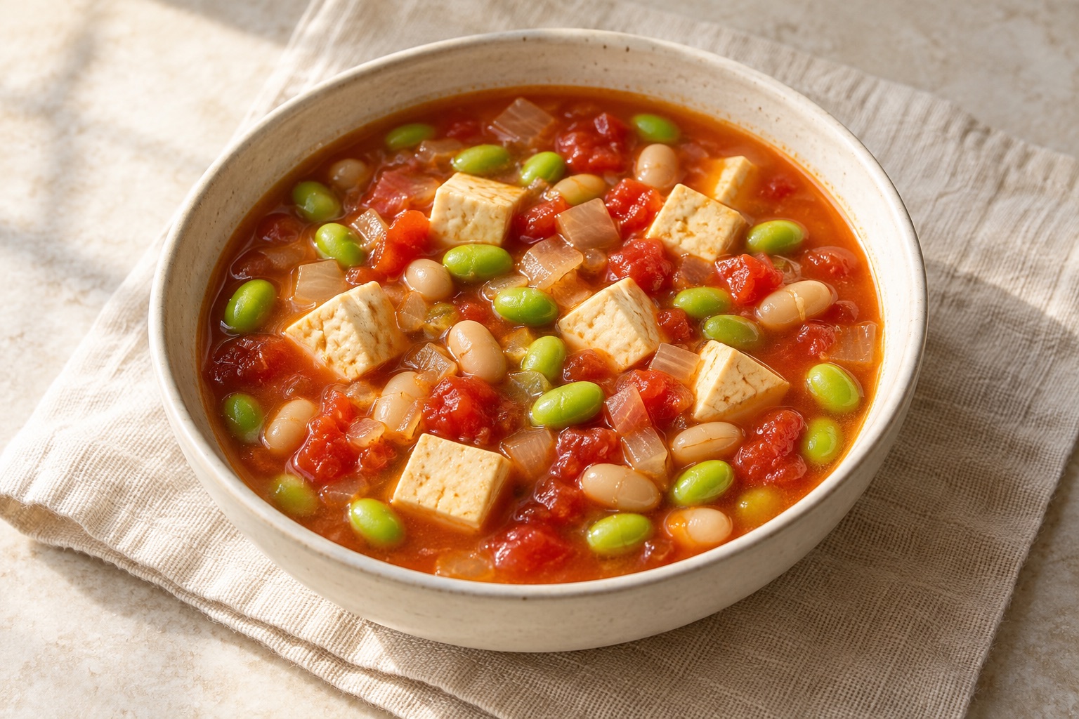 Serving suggestion for Tomato White Bean Tofu Edamame Soup