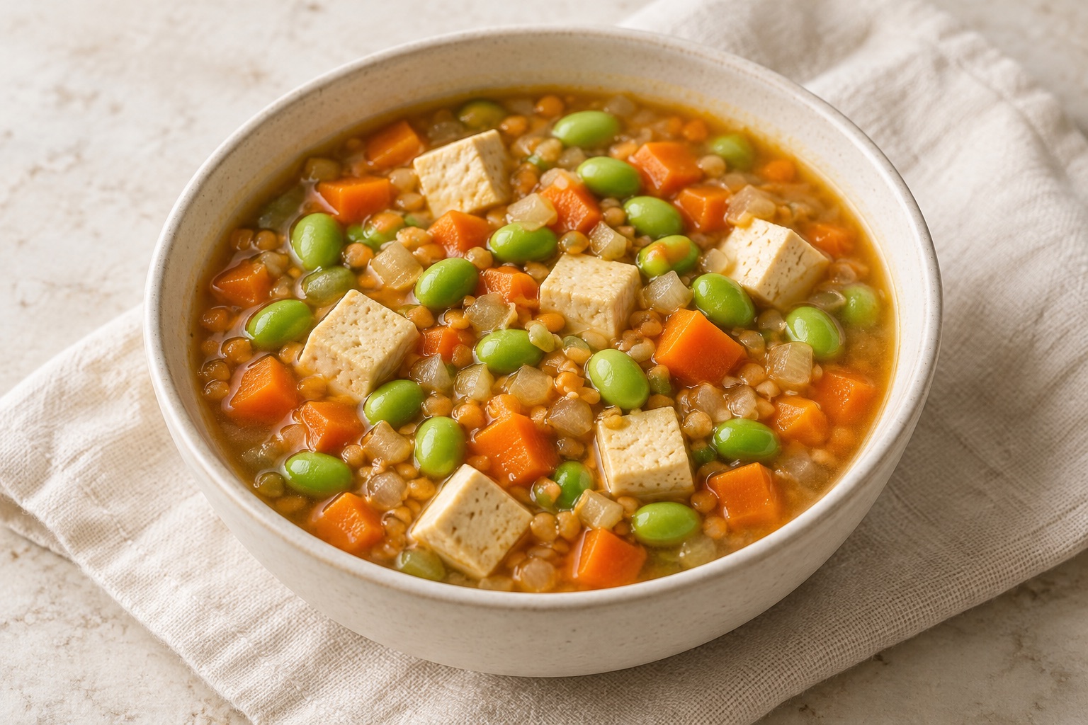 Serving suggestion for Carrot Red Lentil Tofu Edamame Soup