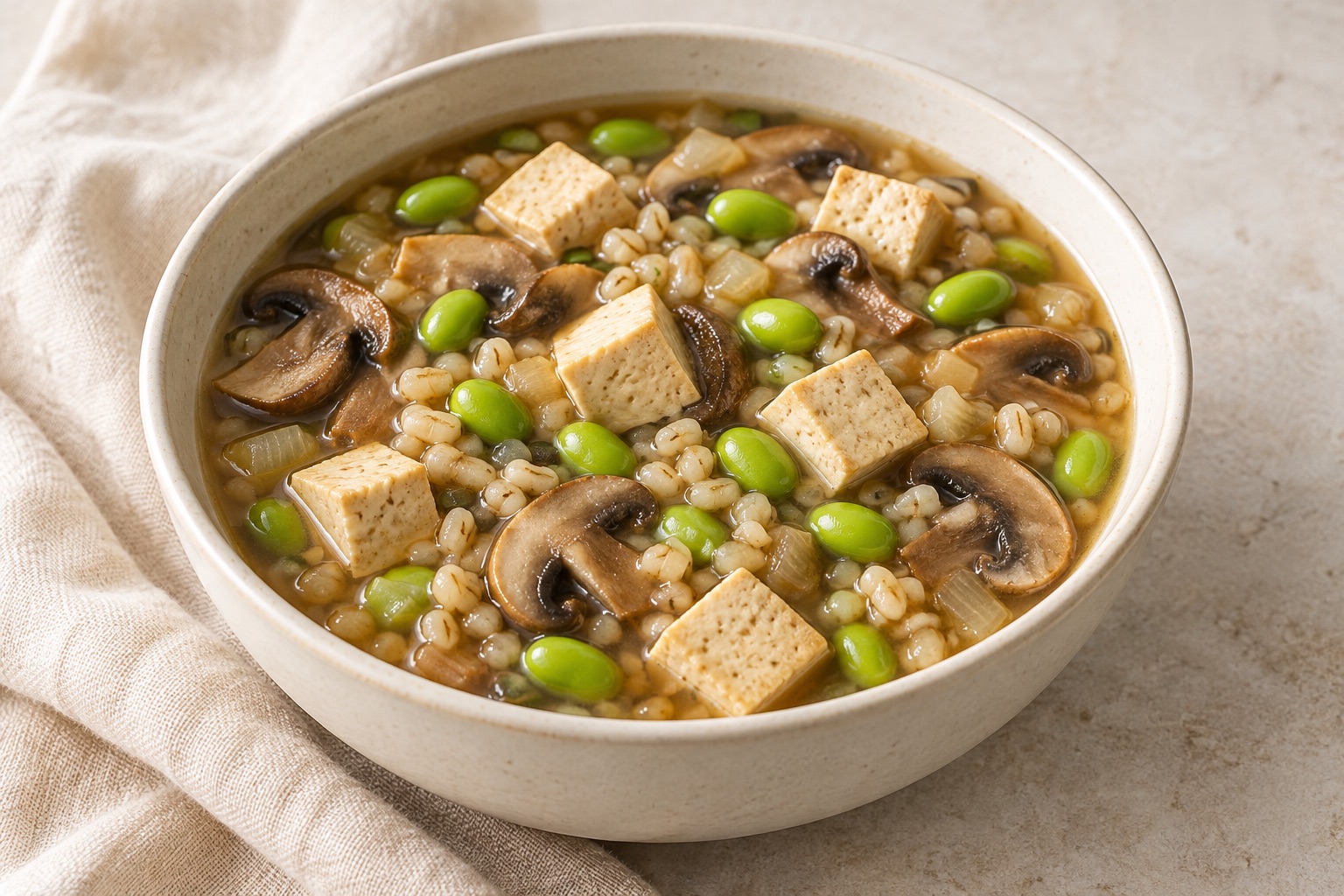 Serving suggestion for Mushroom Barley Tofu Edamame Soup