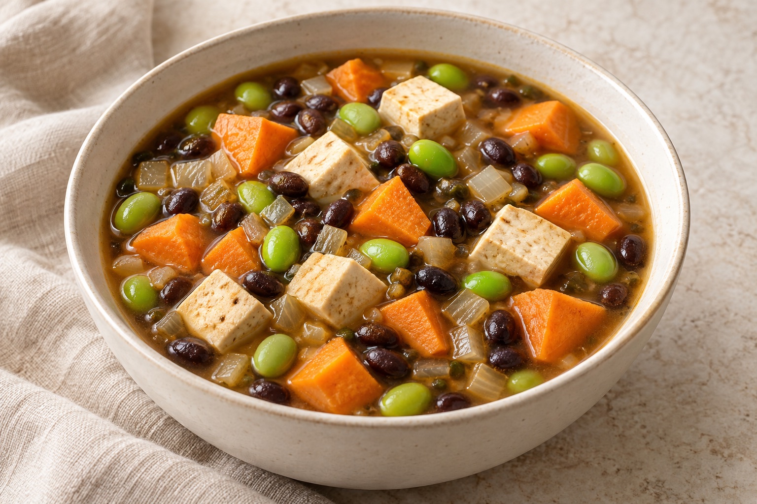 Serving suggestion for Sweet Potato Black Bean Tofu Edamame Soup